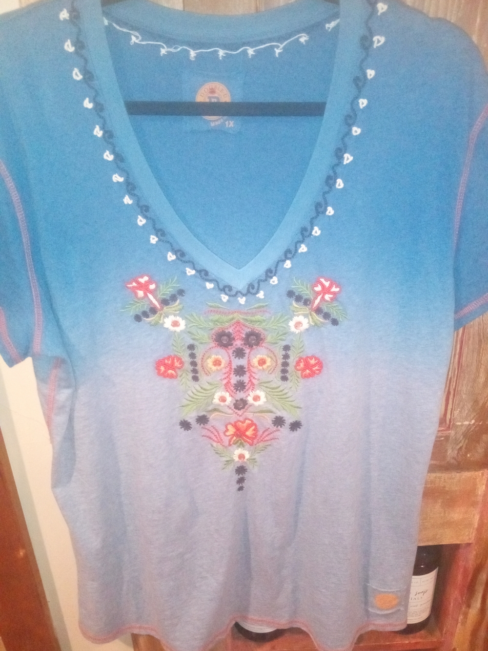 Double D Ranch Blue Ombre V-Neck Top with Floral Embroidery